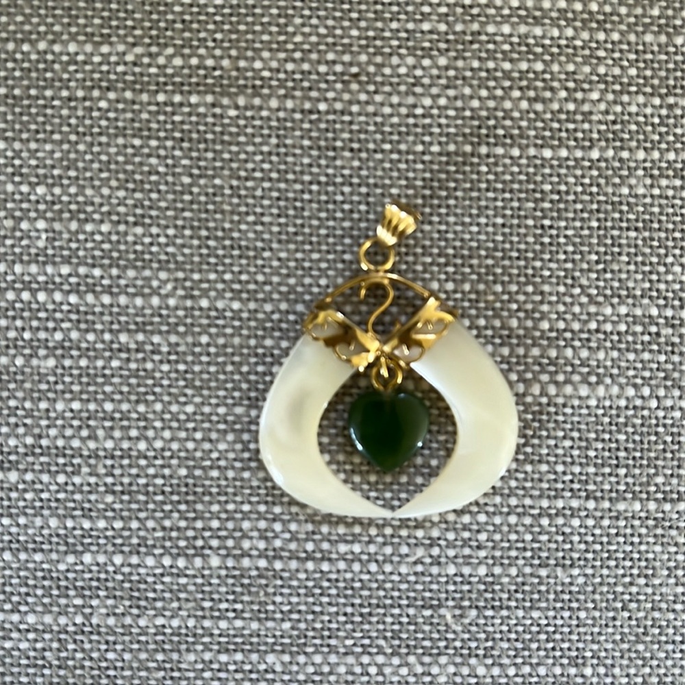 Vintage White Jade Double Tooth with Dangle Heart Pendant